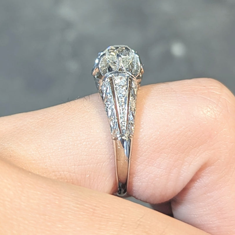 Edwardian 1.16 CTW Old Mine Cut Diamond Platinum Antique Buttercup Engagement Ring Wilson's Estate Jewelry