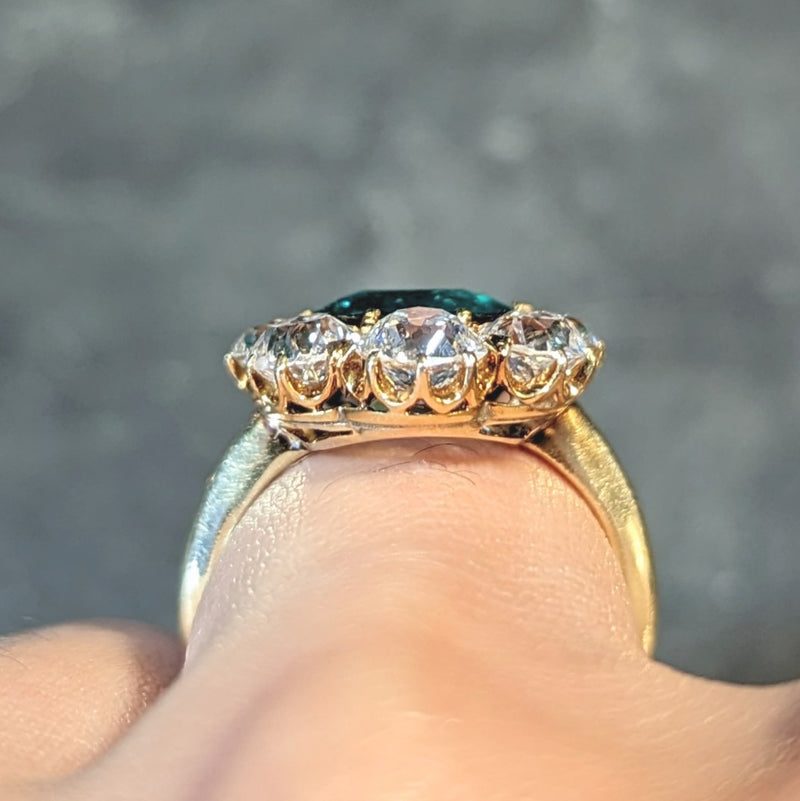Late Victorian 5.34 CTW Pear Cut Colombian Emerald Diamond 18 Karat Yellow Gold Halo Ring AGL Wilson's Estate Jewelry