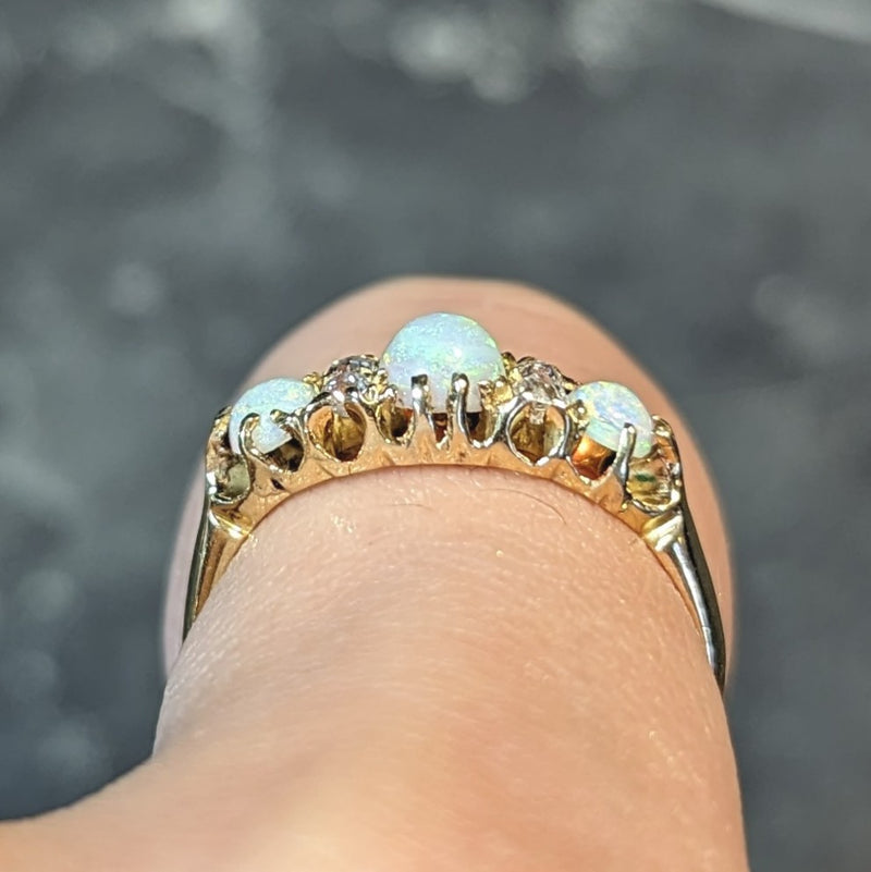Victorian Opal Diamond 18 Karat Yellow Gold Antique Band Ring Wilson's Estate Jewelry