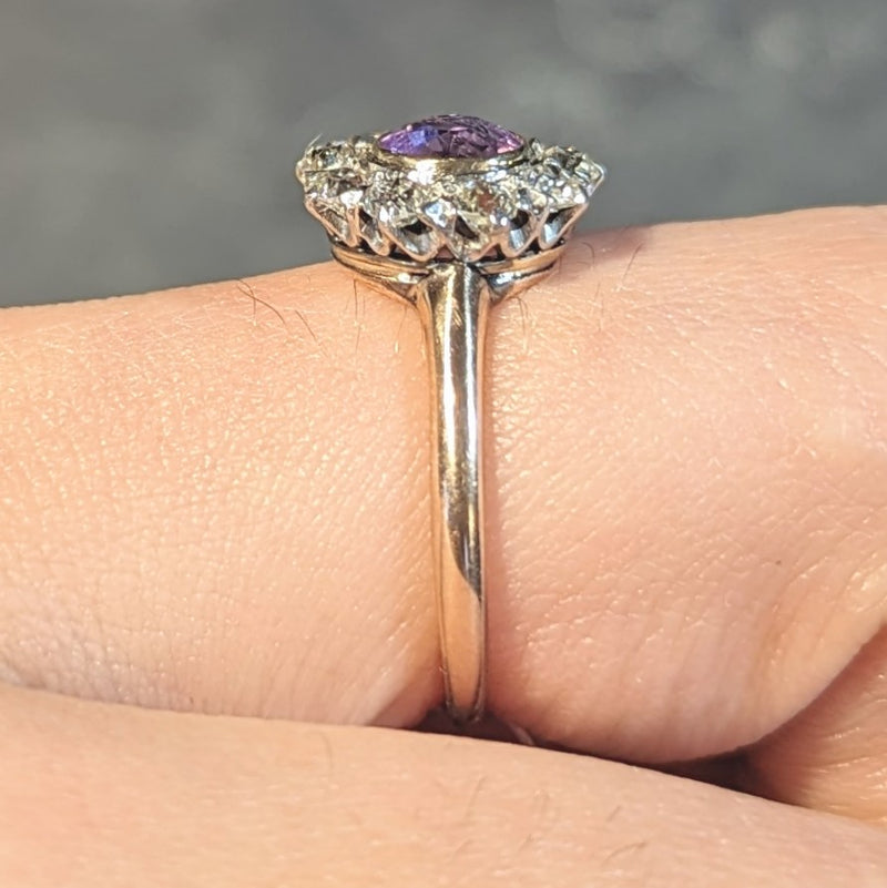 Edwardian Pink Sapphire Diamond Platinum 18 Karat Gold Antique Halo Cluster Ring Wilson's Estate Jewelry