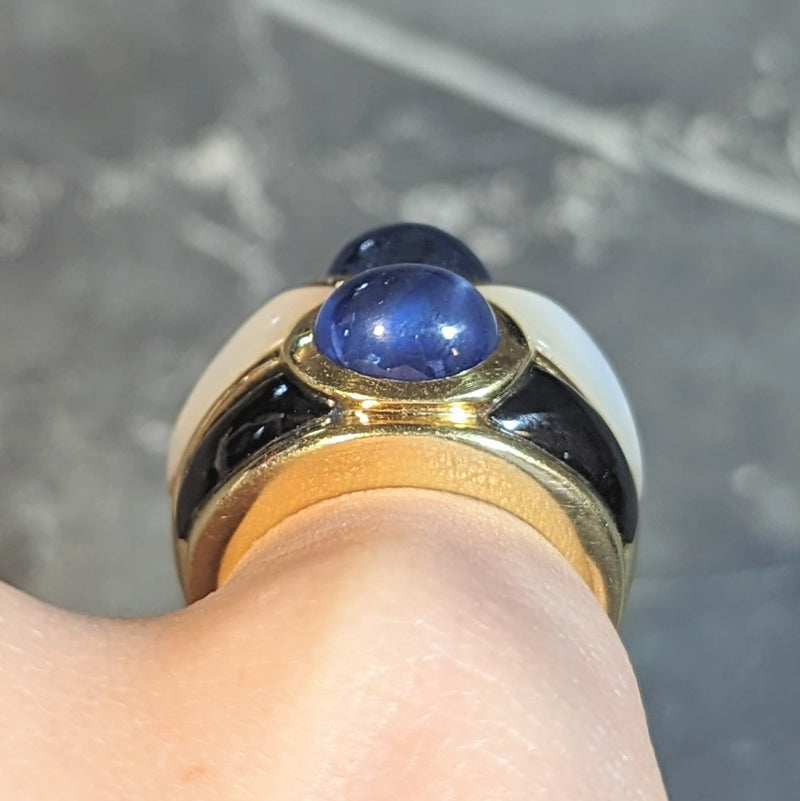 1980's 8.80 CTW Sapphire Onyx Mother-Of-Pearl 18 Karat Gold Wide Band Ring Wilson's Estate Jewelry