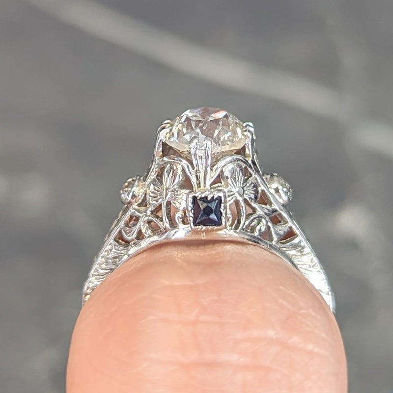 Art Deco 1.27 CTW European Diamond Sapphire 18 Karat White Gold Engagement Ring Wilson's Estate Jewelry