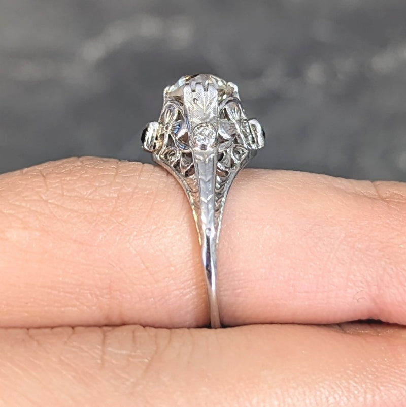 Art Deco 1.27 CTW European Diamond Sapphire 18 Karat White Gold Engagement Ring
