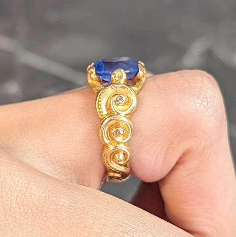 Art Nouveau 2.25 CTW Sapphire Diamond 18 Karat Yellow Gold Antique Unisex Swirl Ring Wilson's Estate Jewelry