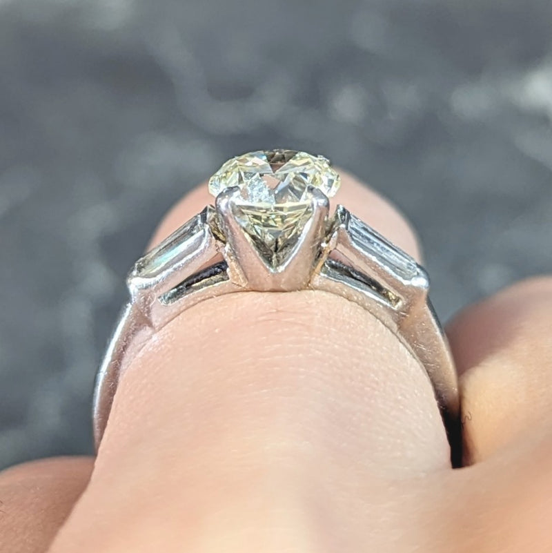 1950s Mid Century 1.50 CTW Transitional Diamond Platinum Three Stone Vintage Engagement Ring