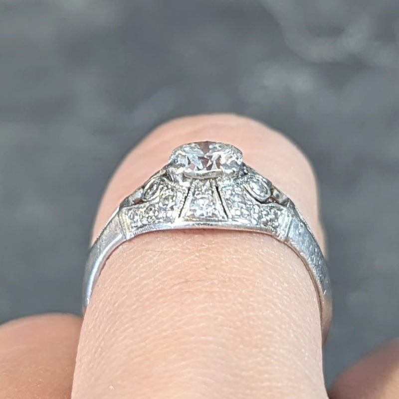 Art Deco 0.95 CTW Old European Cut Diamond Platinum Bombay Heart Vintage Engagement Ring Wilson's Estate Jewelry