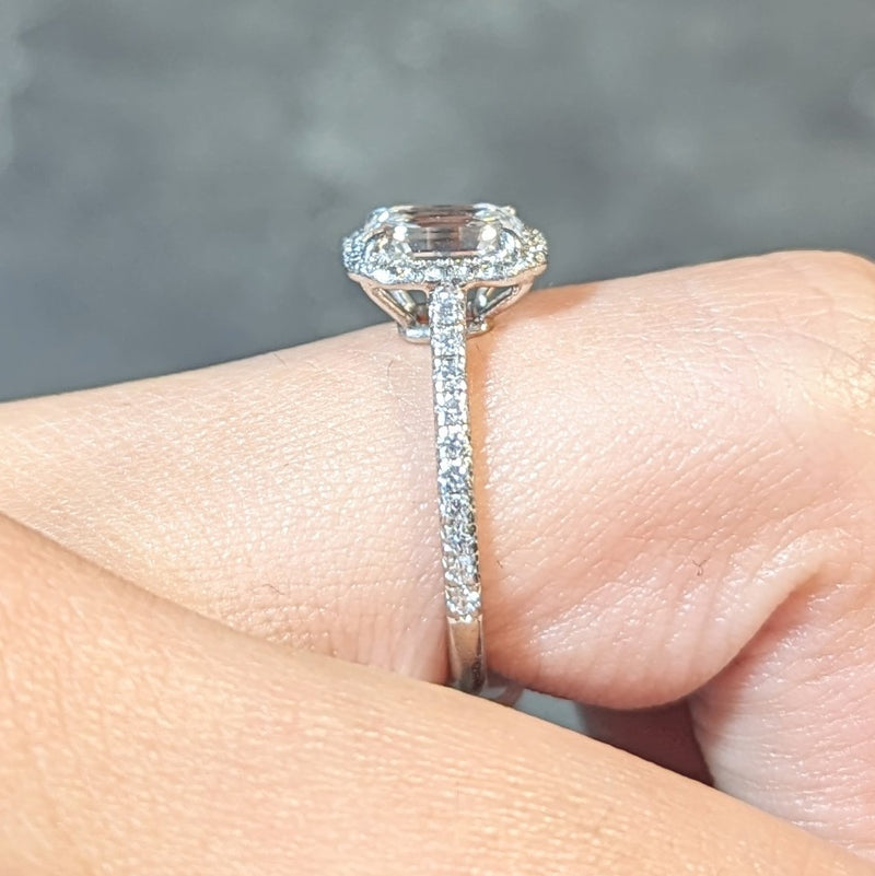 Tiffany & Co. 1.59 CTW Emerald Cut Diamond Platinum Soleste Halo Engagement Ring Wilson's Estate Jewelry
