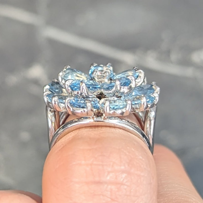 Tiffany & Co. 1960s 5.71 CTW Aquamarine Diamond Platinum Flower Vintage Cocktail Ring Wilson's Estate Jewelry