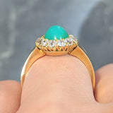 Modernist Chrysoprase Diamond 18 Karat Yellow Gold Vintage Halo Ring Wilson's Estate Jewelry