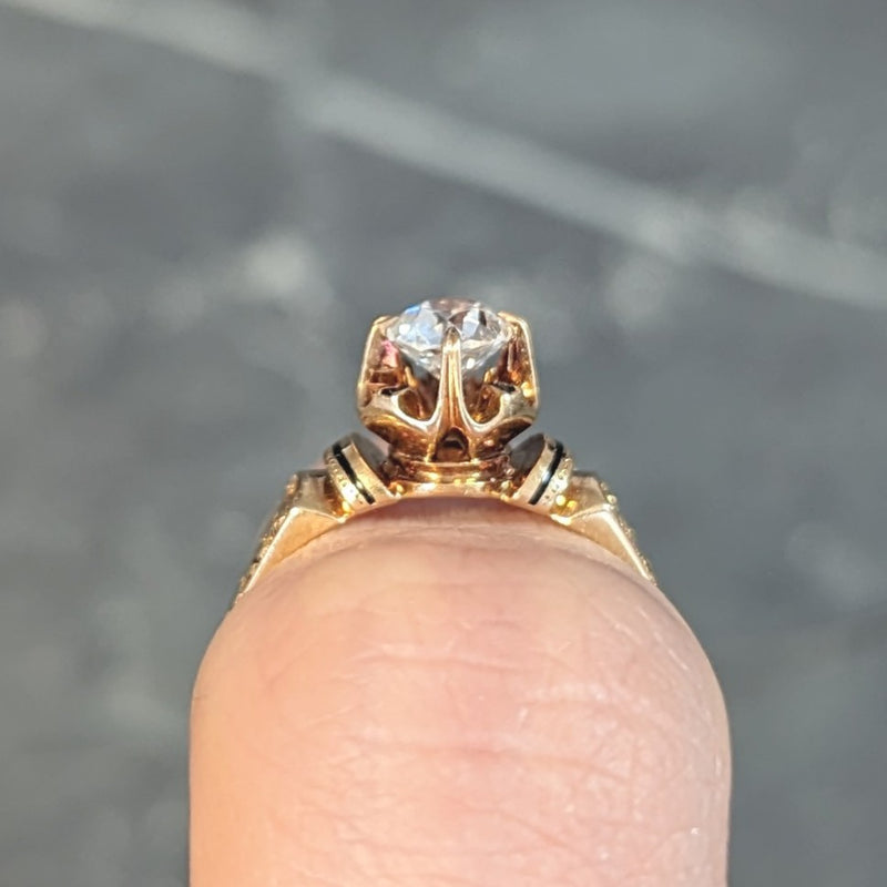 Victorian 1875 0.48 CTW Old European Cut Diamond Enamel 18 Karat Yellow Gold Antique Engagement Ring