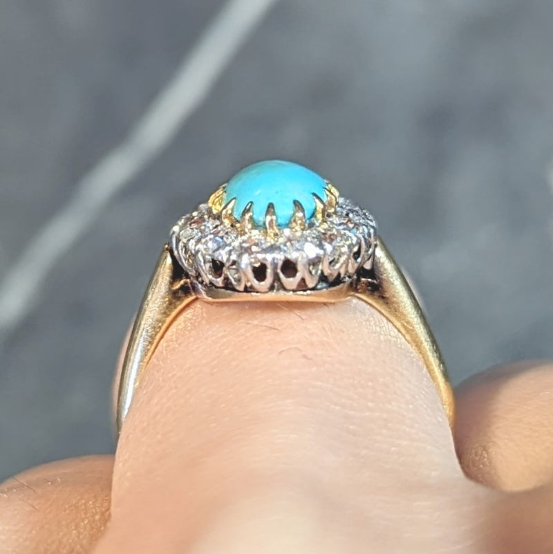 Edwardian Diamond Turquoise Platinum 14 Karat Yellow Gold Antique Halo Ring