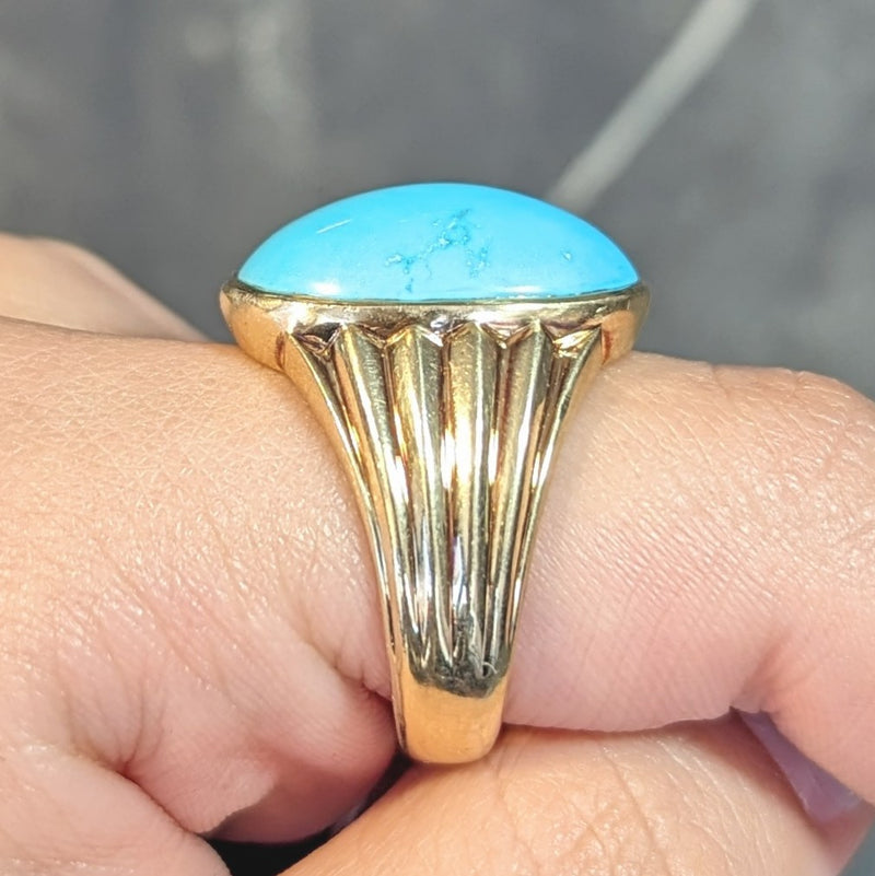 Retro Jones & Woodland Turquoise 14 Karat Yellow Gold Fanning Vintage Men's Signet Ring