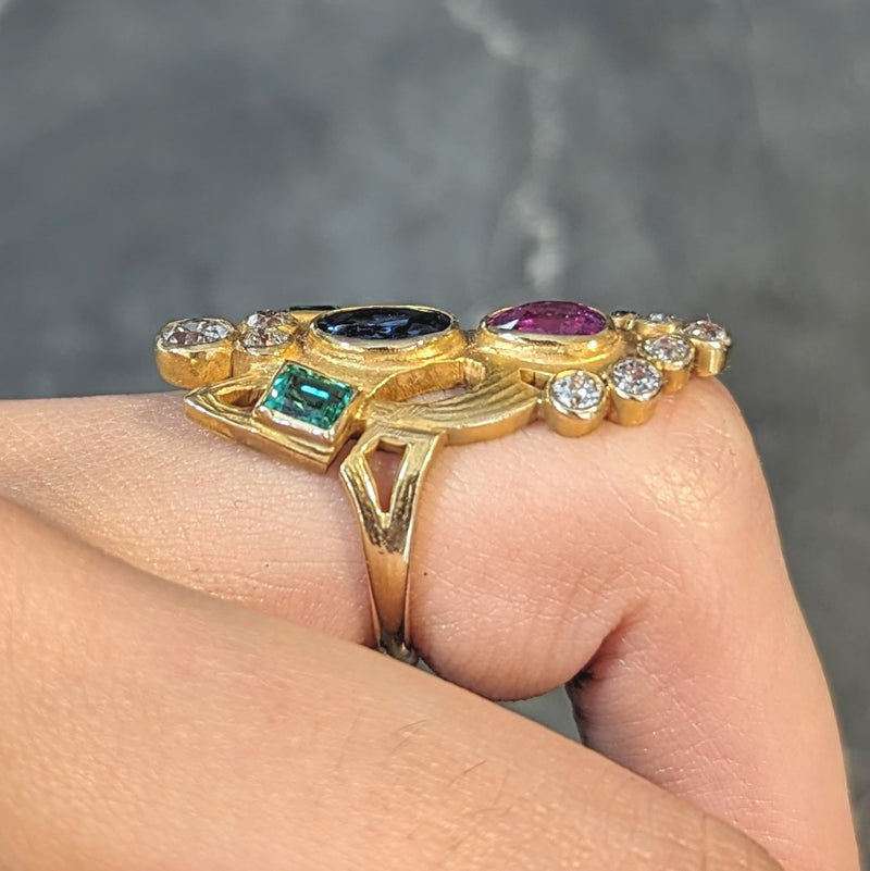 Arts & Crafts 3.73 CTW Ruby Emerald Sapphire Diamond 18 Karat Yellow Gold Antique Navette Ring