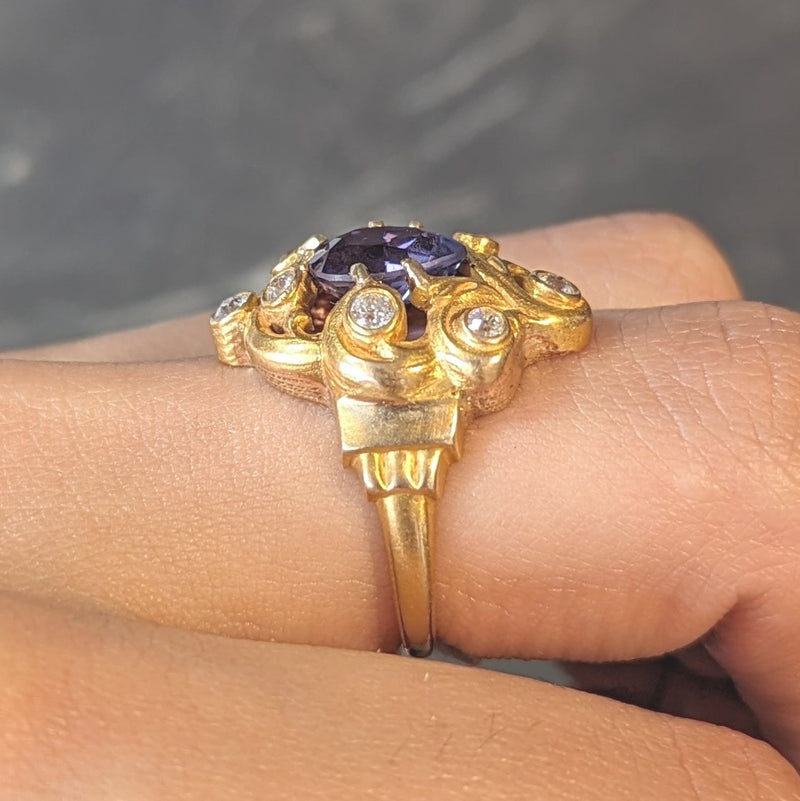 Art Nouveau 2.49 CTW No Heat Ceylon Purple Sapphire Diamond 14 Karat Gold Swirl Cluster Antique Ring