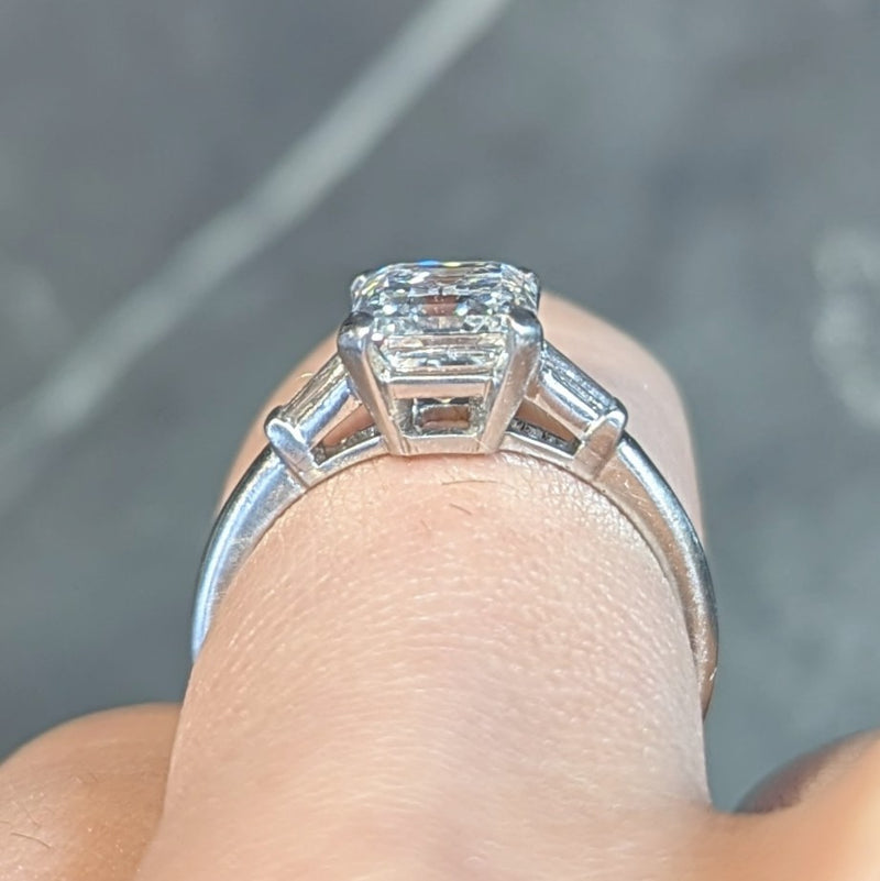 Mid-Century 2.17 CTW Emerald Cut Diamond Platinum Three Stone Vintage Engagement Ring GIA