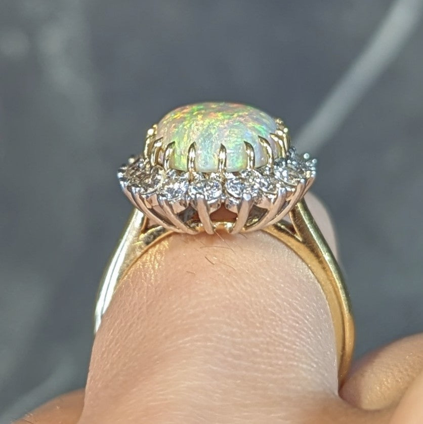 Mid-Century Vintage Opal Diamond Platinum 18 Karat Yellow Gold Halo Ring Wilson's Estate Jewelry