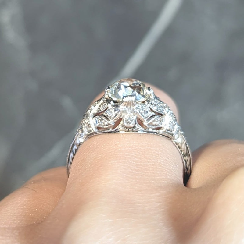 Art Deco 1.76 CTW Old Mine Diamond Platinum Foliate Bombé Vintage Engagement Ring