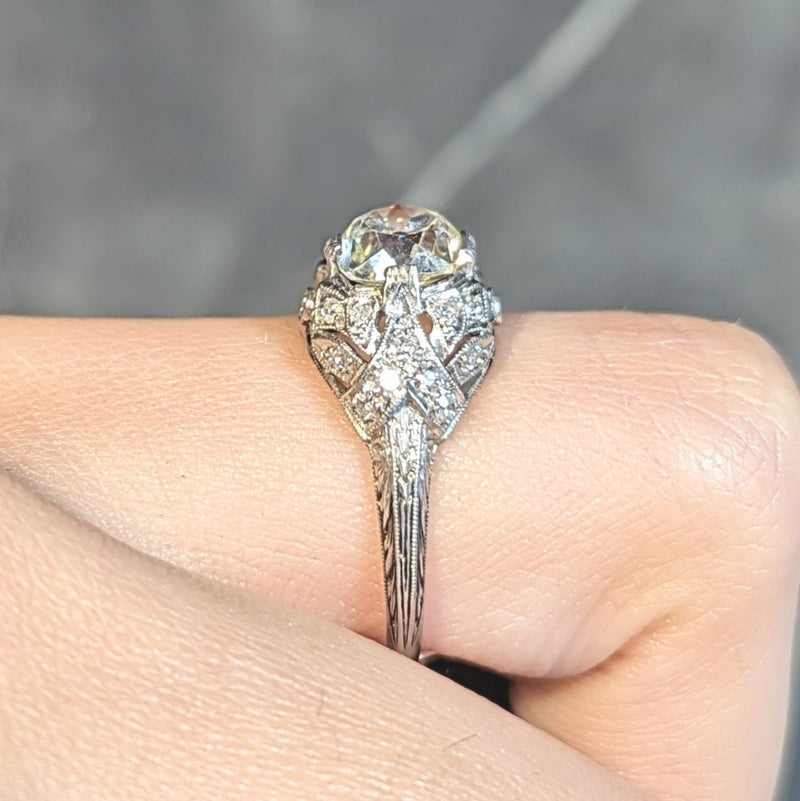 Art Deco 1.76 CTW Old Mine Diamond Platinum Foliate Bombé Vintage Engagement Ring