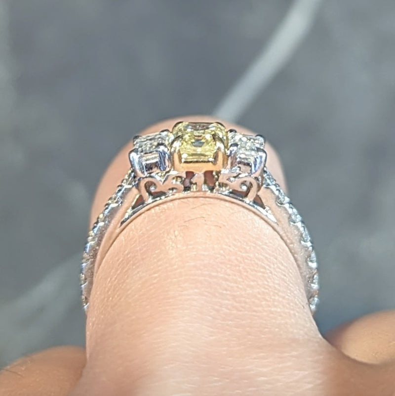 Contemporary 1.61 CTW Fancy Yellow Emerald Cut Diamond Platinum 18 Karat Numerical Engagement Ring