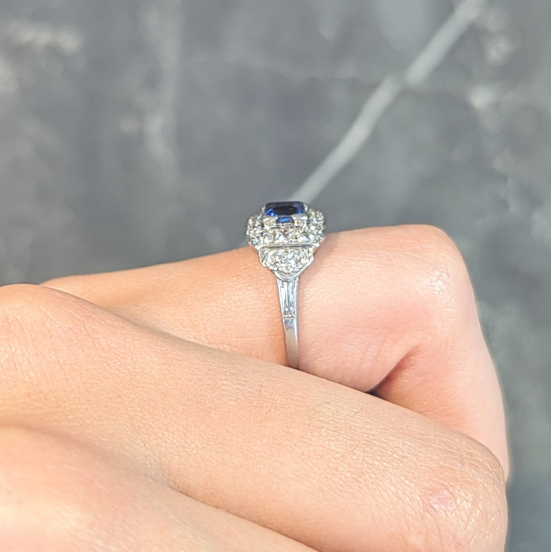 Art Deco 1.38 CTW Sapphire Diamond Platinum Vintage Cluster Ring