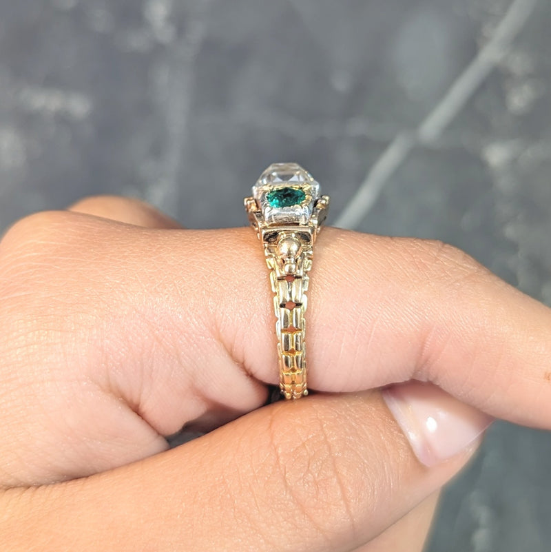 Early Victorian 3.92 CTW Peruzzi Cut Diamond Emerald 18 Karat Gold Silver Antique Ring