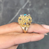 1960's French Sapphire Diamond Turquoise Platinum 18 Karat Yellow Gold Cactus Flower Ring