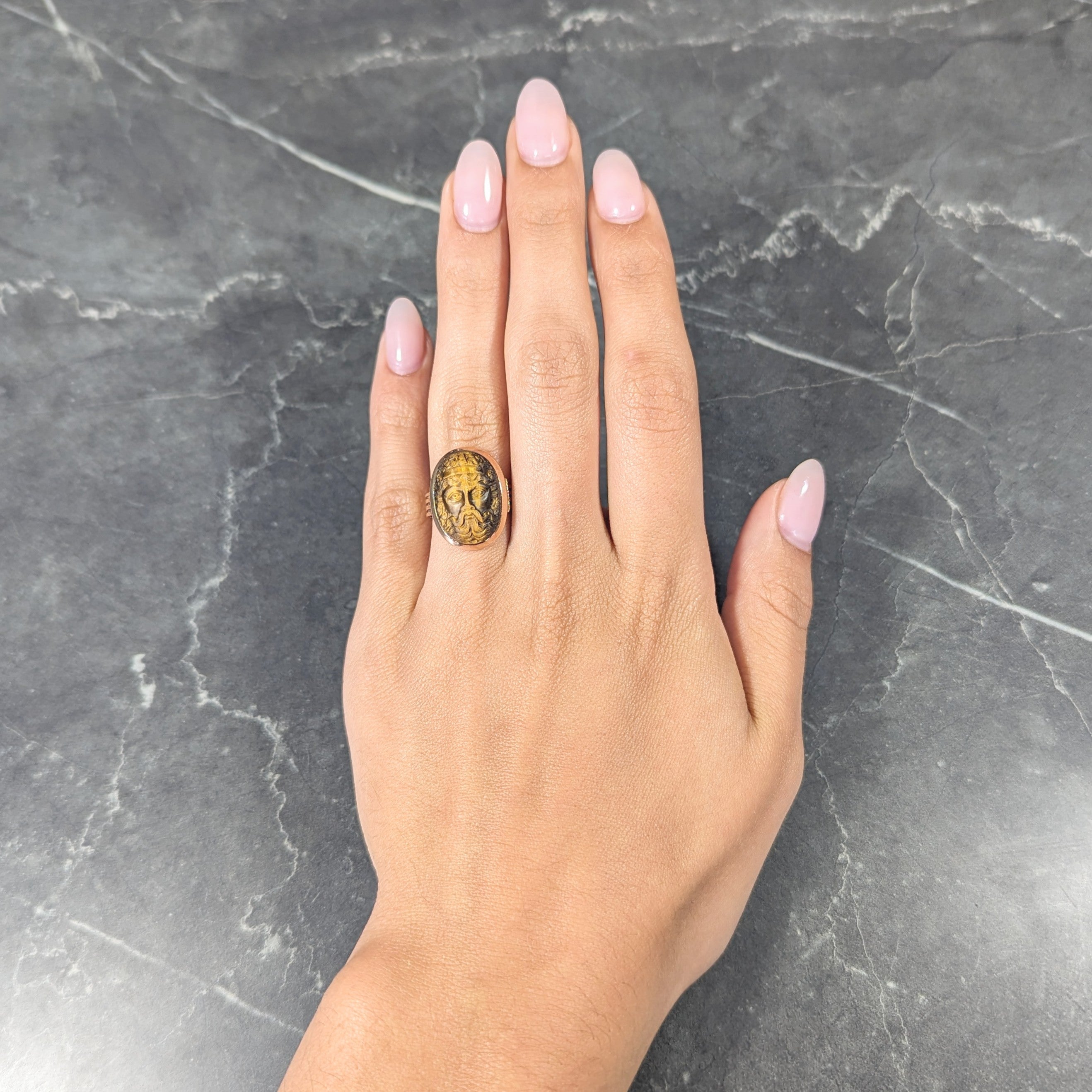 Victorian Tiger's Eye 14 Karat Rose Gold Carved Hercules Cameo Antique Unisex Ring Wilson's Estate Jewelry