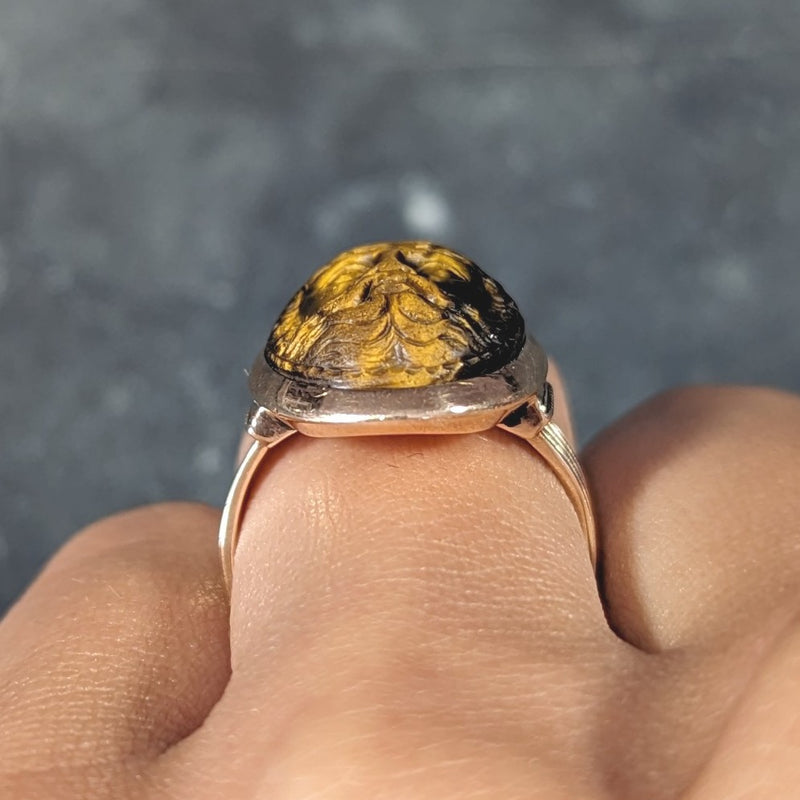 Victorian Tiger's Eye 14 Karat Rose Gold Carved Hercules Cameo Antique Unisex Ring Wilson's Estate Jewelry