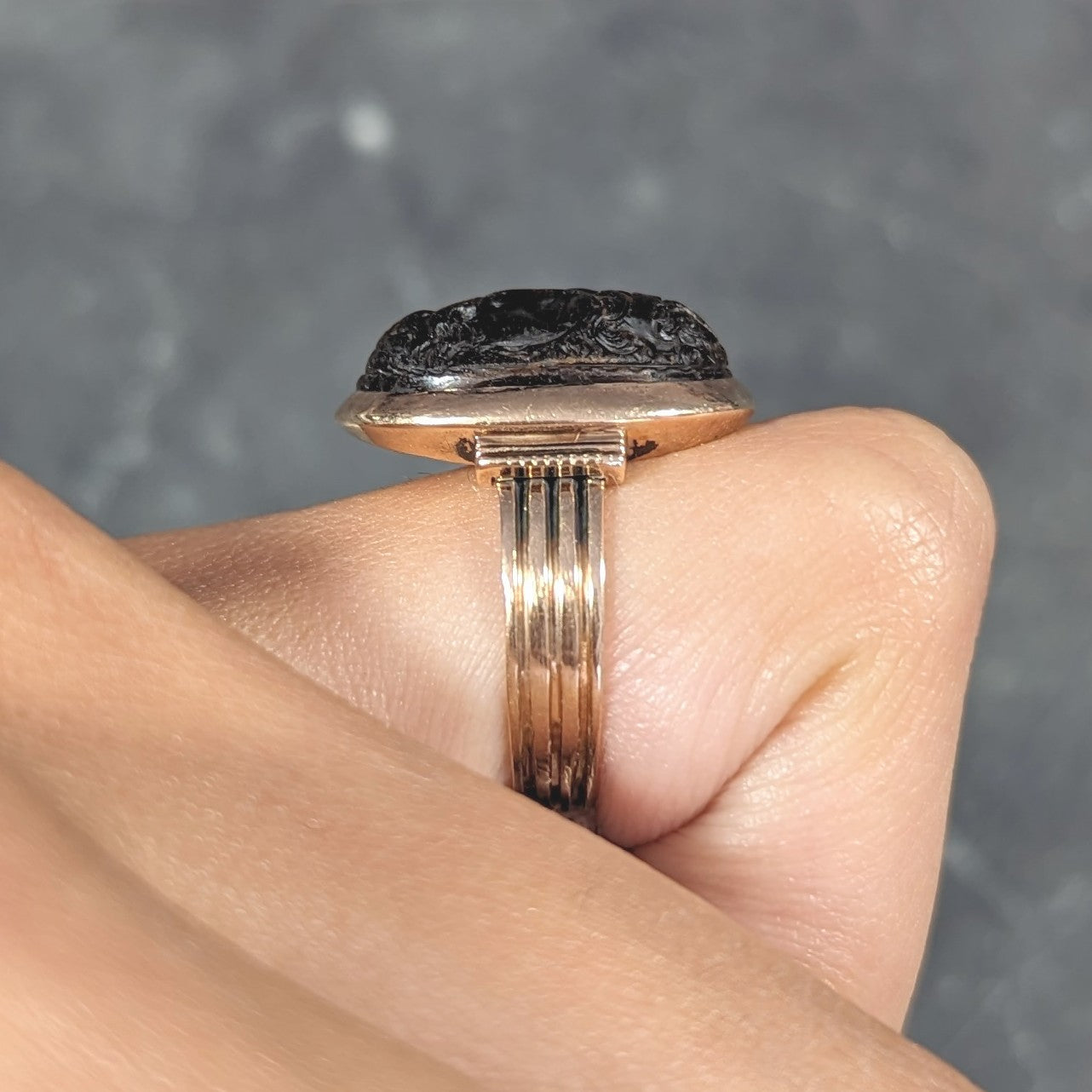 Victorian Tiger's Eye 14 Karat Rose Gold Carved Hercules Cameo Antique Unisex Ring Wilson's Estate Jewelry
