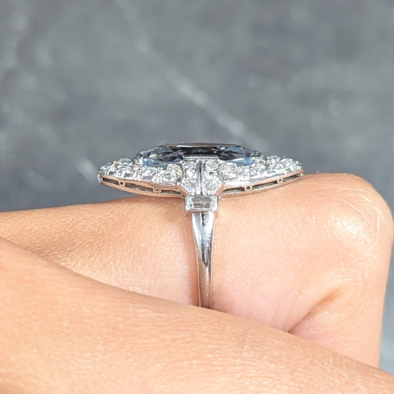 Art Deco 4.10 CTW Aquamarine Diamond Platinum Navette Cluster Dinner Ring Wilson's Estate Jewelry