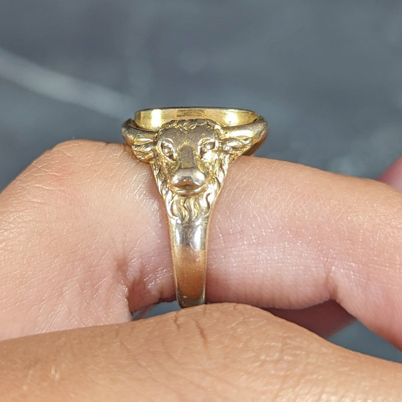 Victorian 14 Karat Yellow Gold Fortune Favors The Brave Bull Antique Intaglio Signet Ring Wilson's Estate Jewelry