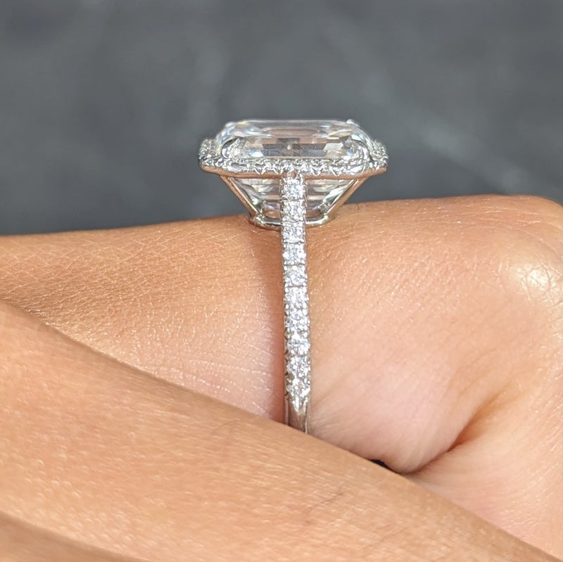 Tiffany & Co. 5.35 CTW Emerald Cut Diamond Platinum Soleste Halo Engagement Ring Wilson's Estate Jewelry