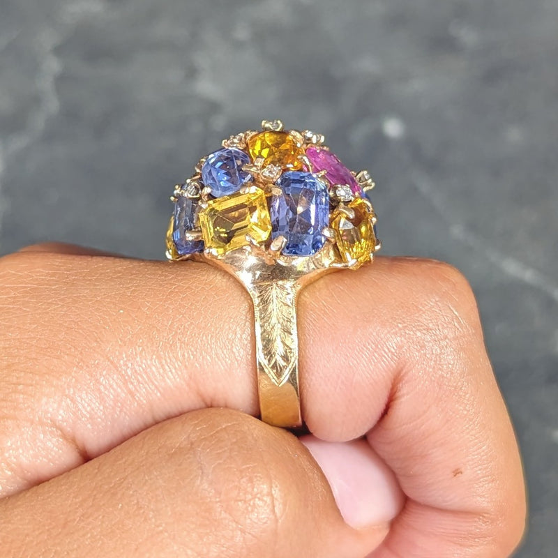 1960s 30.86 CTW Sapphire Heliodor Diamond 14 Karat Yellow Gold Dome Cluster Vintage Ring Wilson's Estate Jewelry