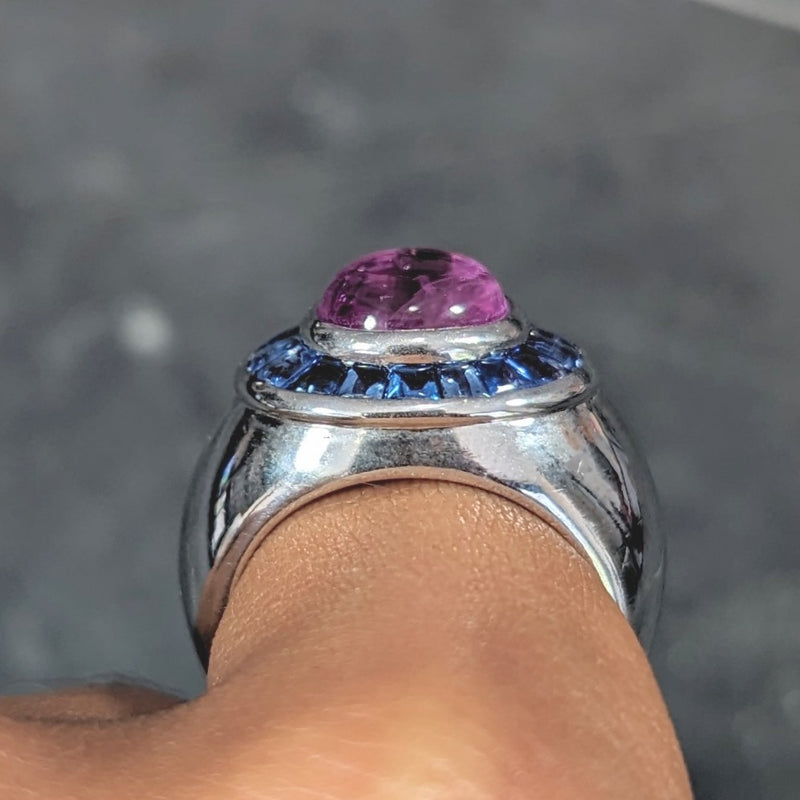 Boucheron French Modernist 5.08 CTW Purple Sapphire Cabochon 18 Karat White Gold Halo Vintage Ring Wilson's Estate Jewelry