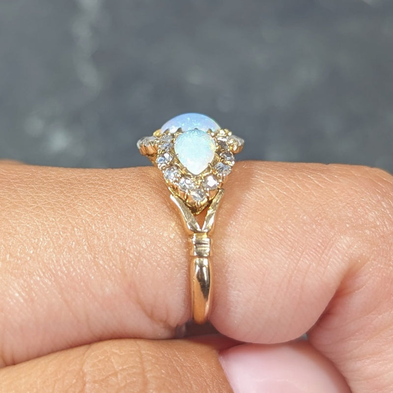 Victorian Opal Diamond 18 Karat Gold Three Stone Antique Halo Cluster Ring Wilson's Estate Jewelry