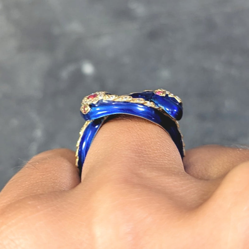 Victorian Ruby Diamond Blue Enamel 18 Karat Gold Antique Snake Antique Ring Wilson's Estate Jewelry