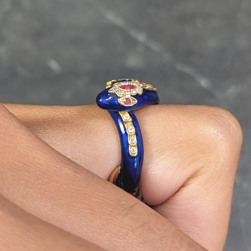 Victorian Ruby Diamond Blue Enamel 18 Karat Gold Antique Snake Antique Ring Wilson's Estate Jewelry