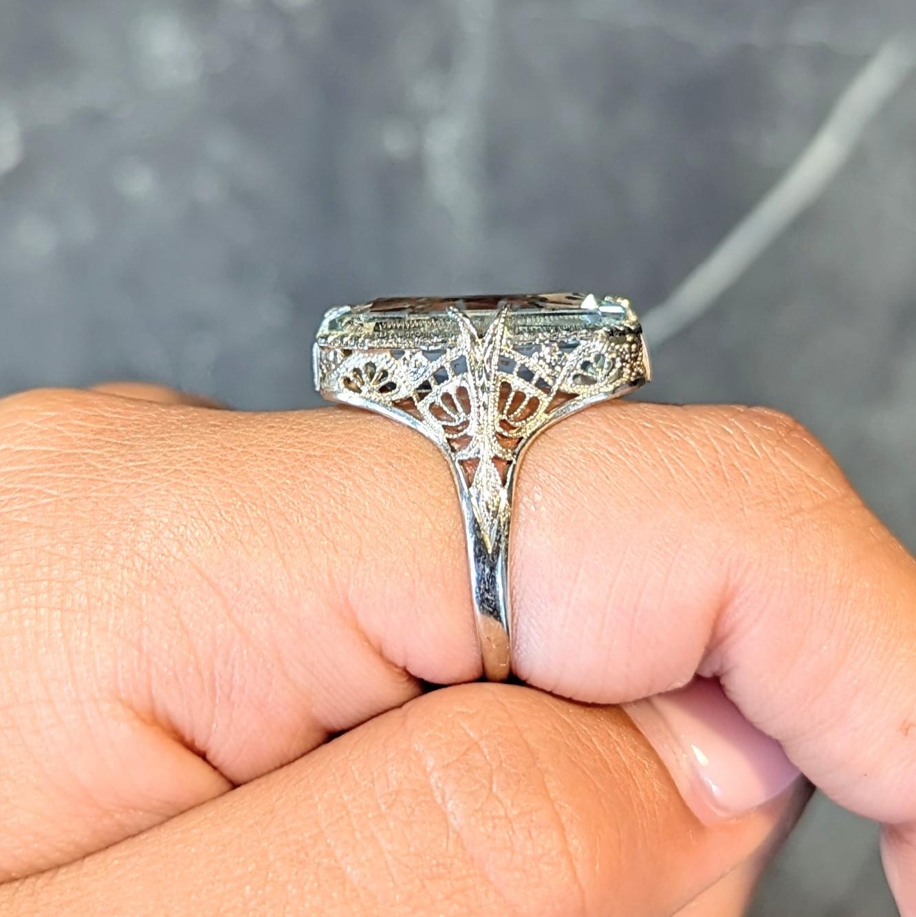 Art Deco 6.74 CTW Aquamarine 14 Karat White Gold Filigree Antique Dinner Ring