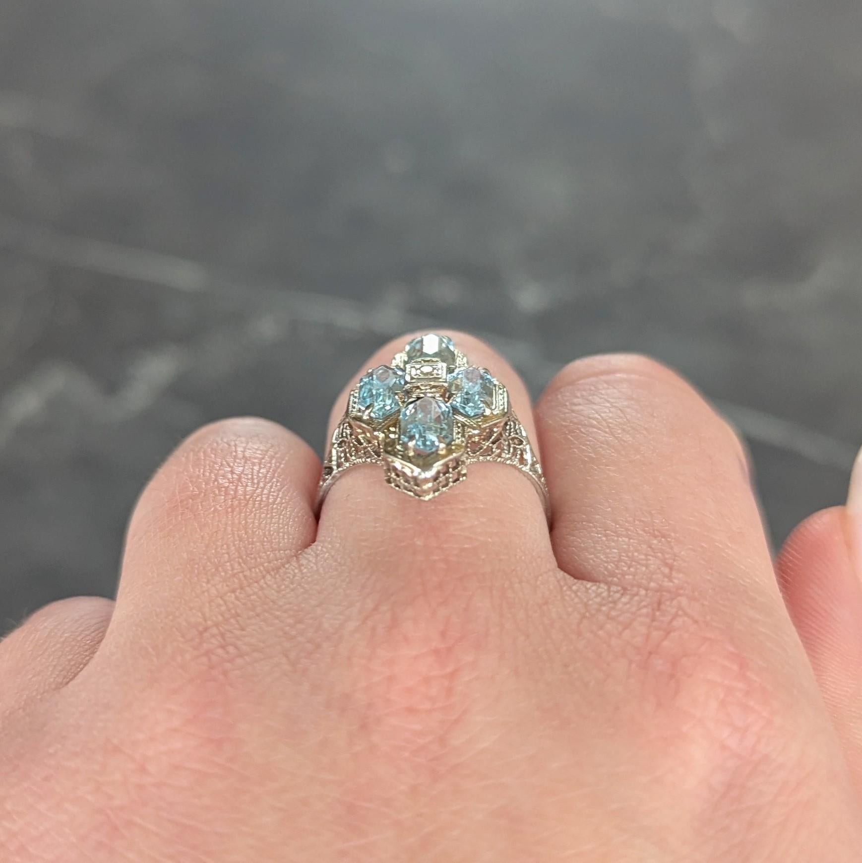 Art Deco 2.80 CTW Aquamarine Diamond 14 Karat White Gold Vintage Navette Ring