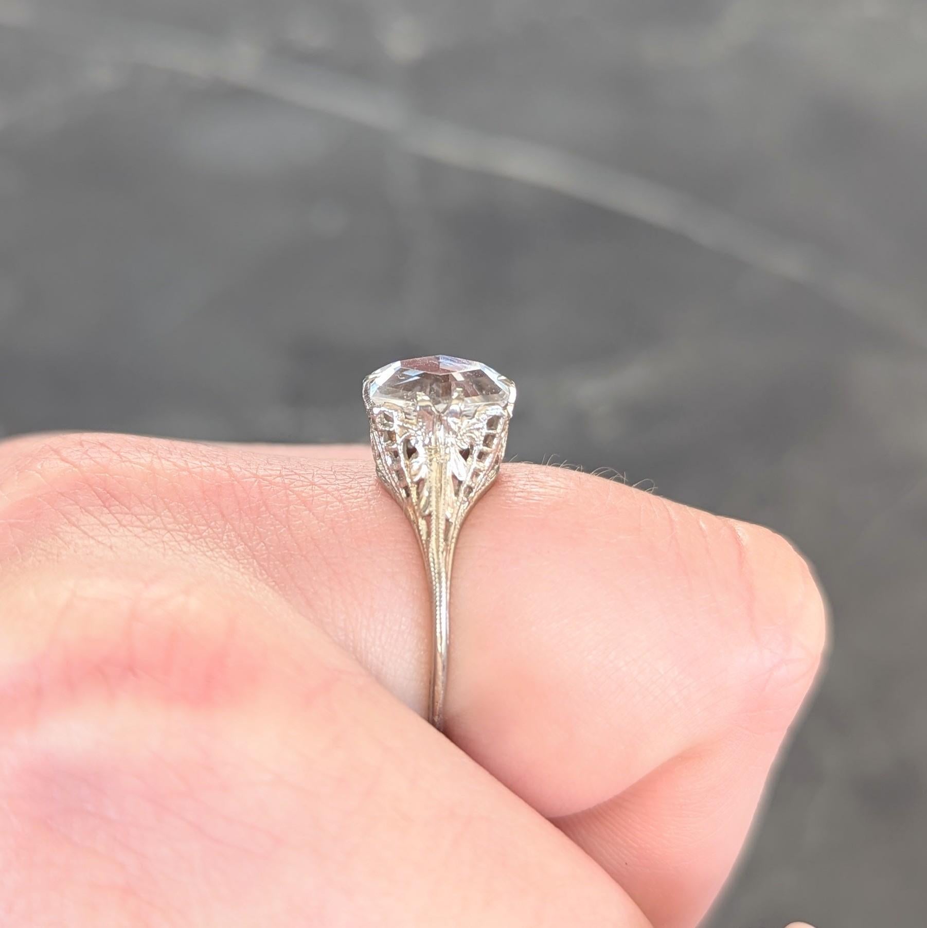 Art Deco Step Cut White Garnet 14 Karat White Gold Vintage Foliate Ring
