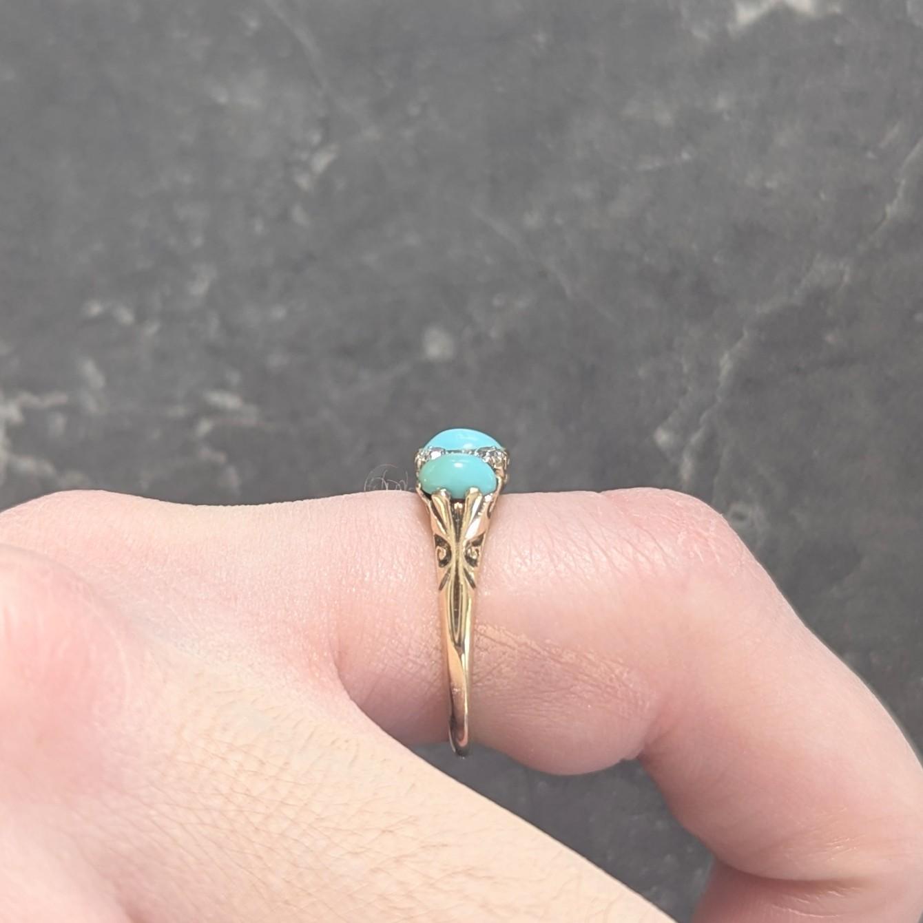 Art Nouveau Turquoise Diamond Platinum 18K Gold Antique Three Stone Band Ring