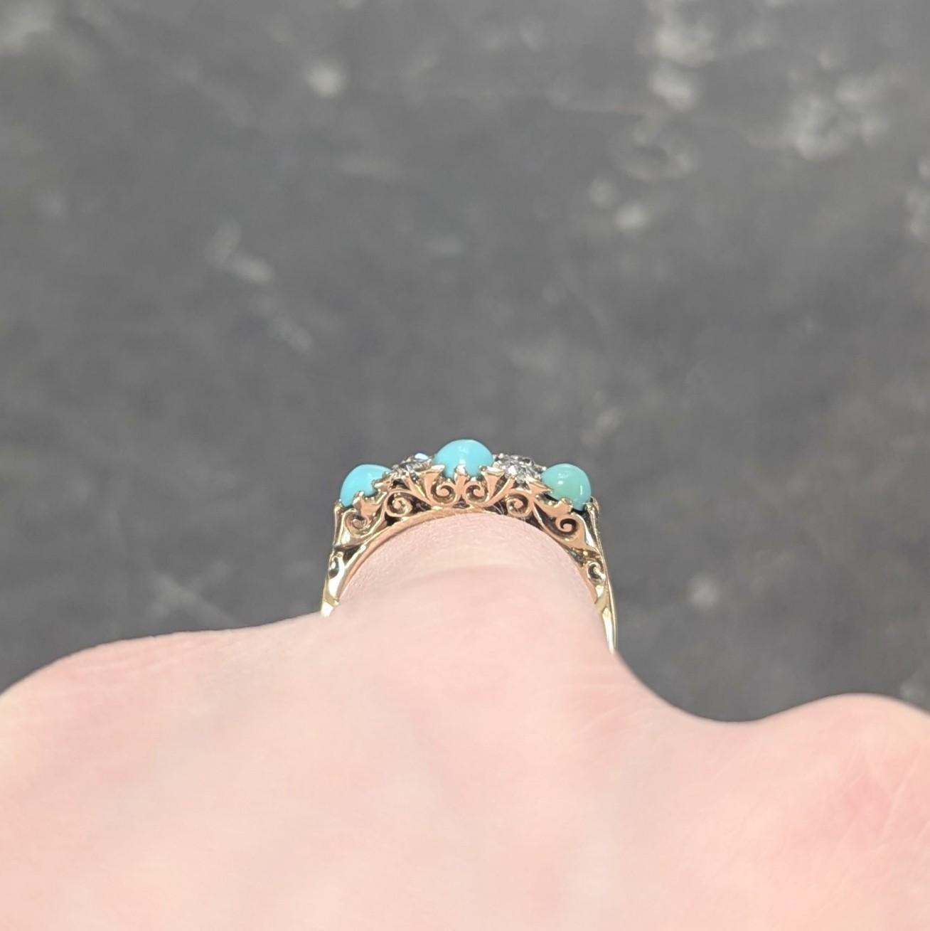 Art Nouveau Turquoise Diamond Platinum 18K Gold Antique Three Stone Band Ring