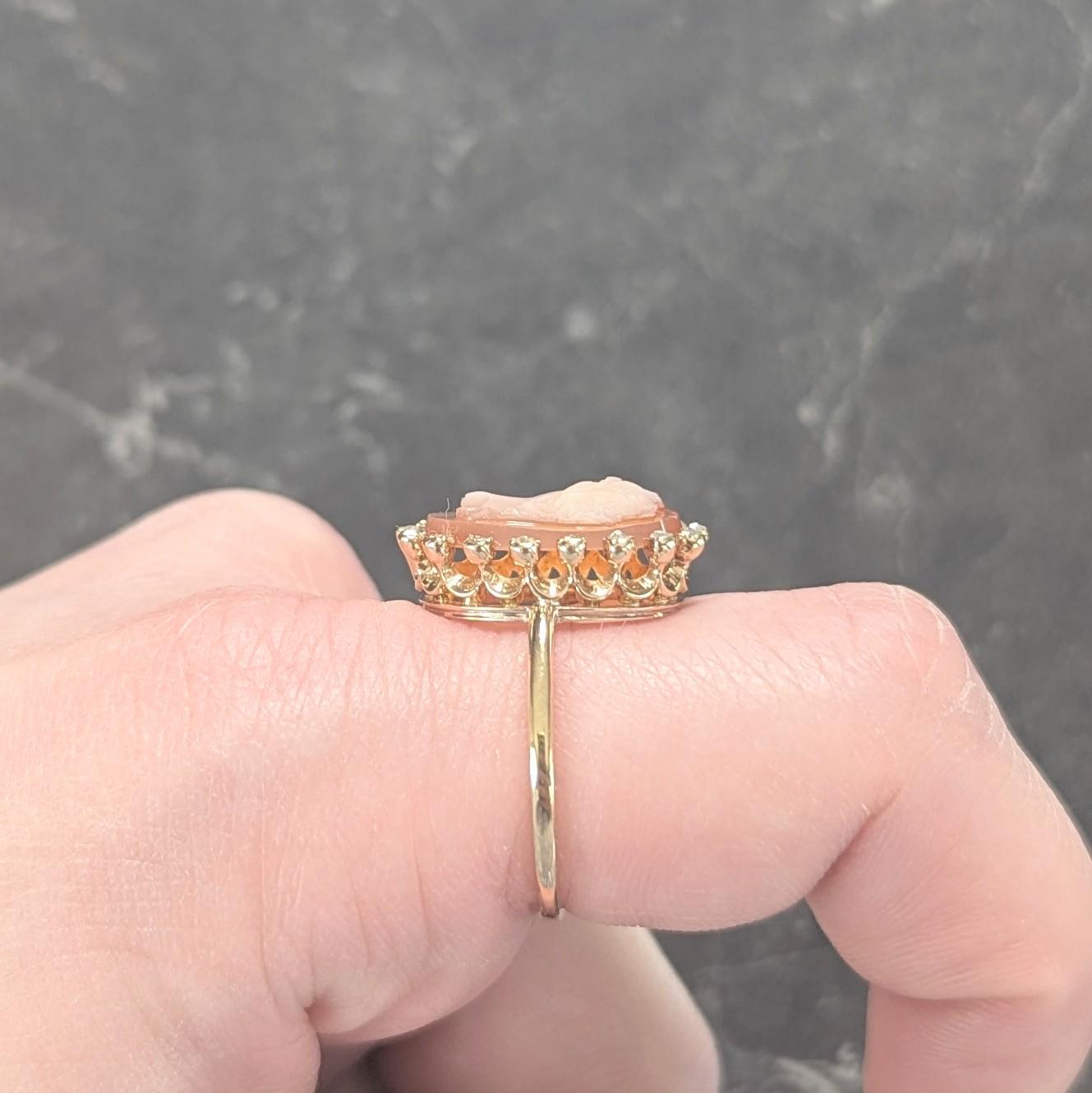 1990's Diamond Carved Shell 18 Karat Yellow Gold Vintage Cameo Halo Ring
