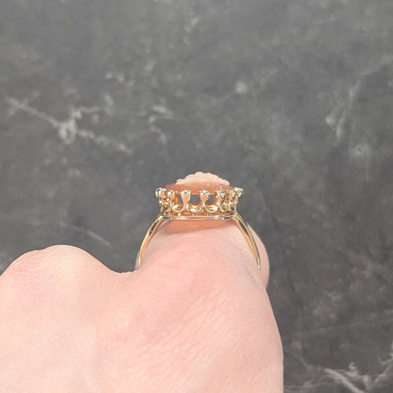 1990's Diamond Carved Shell 18 Karat Yellow Gold Vintage Cameo Halo Ring