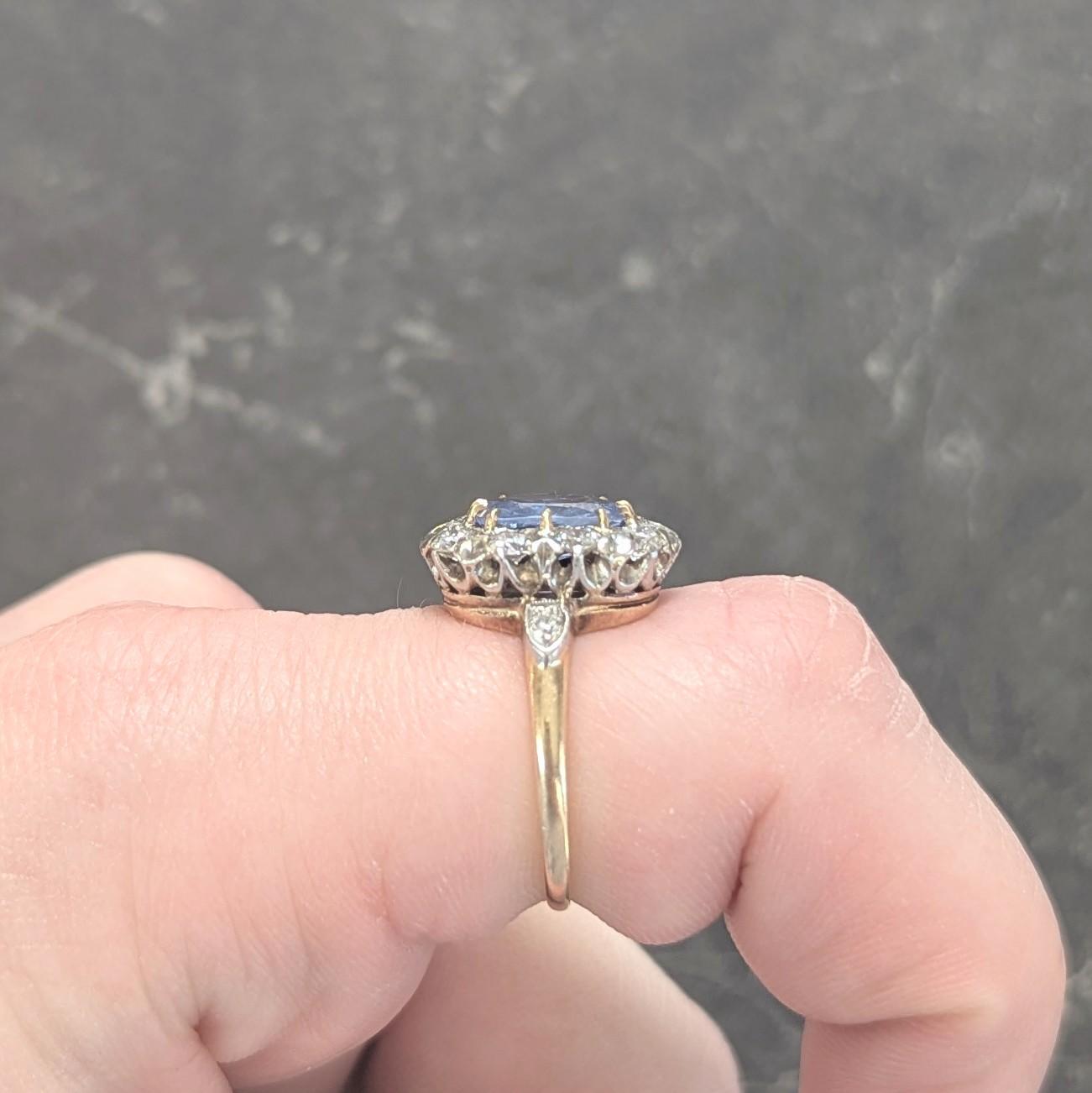 Edwardian No Heat Ceylon Sapphire Diamond Platinum 14K Antique Halo Ring GIA
