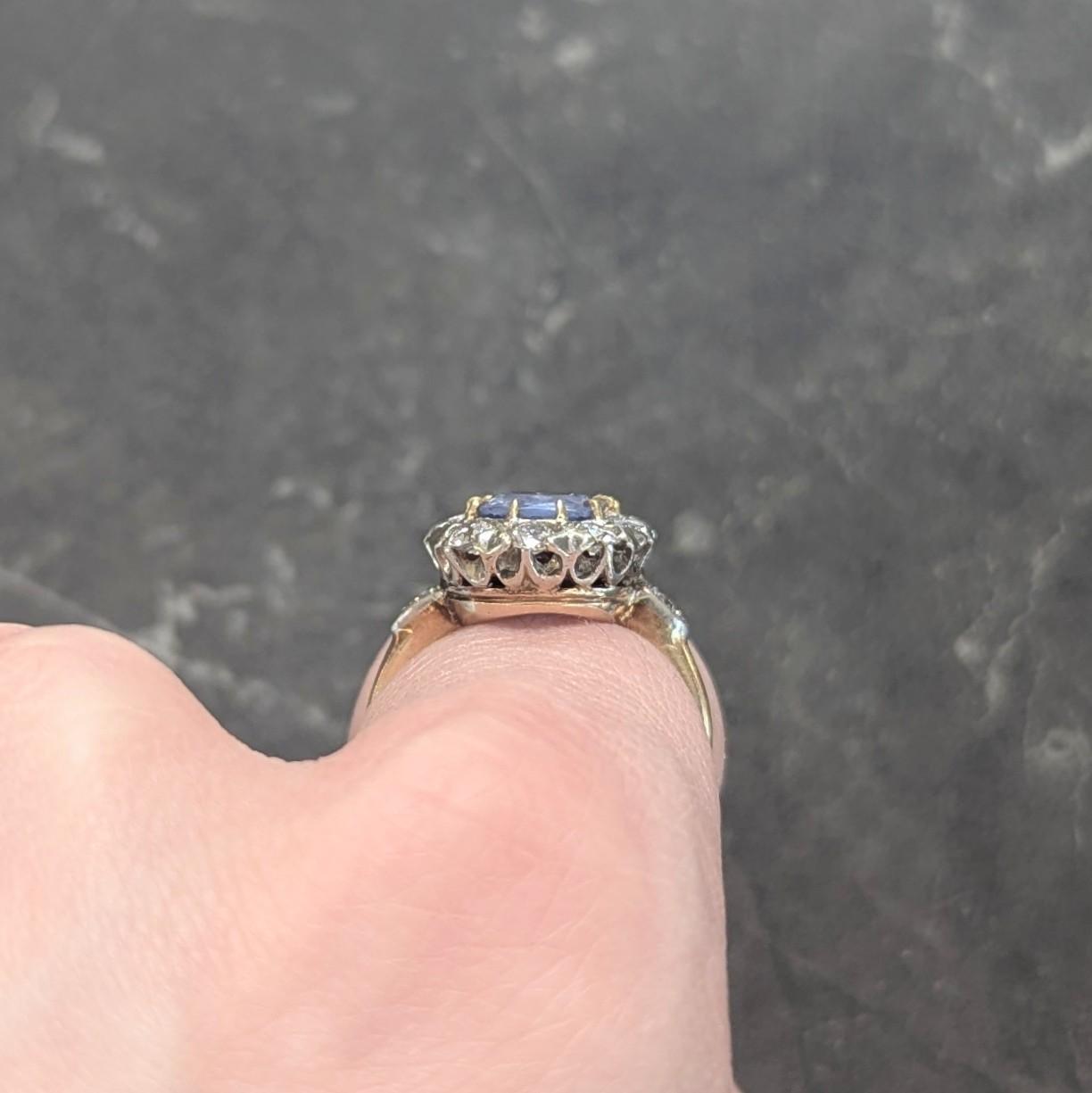 Edwardian No Heat Ceylon Sapphire Diamond Platinum 14K Antique Halo Ring GIA