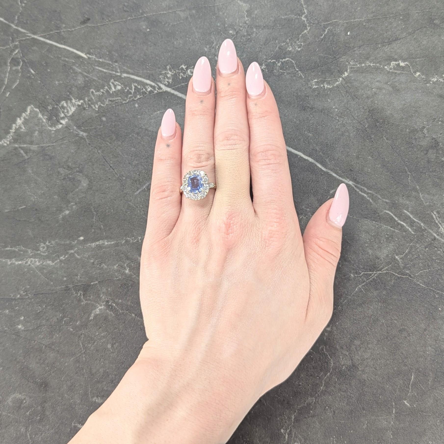Edwardian No Heat Ceylon Sapphire Diamond Platinum 14K Antique Halo Ring GIA