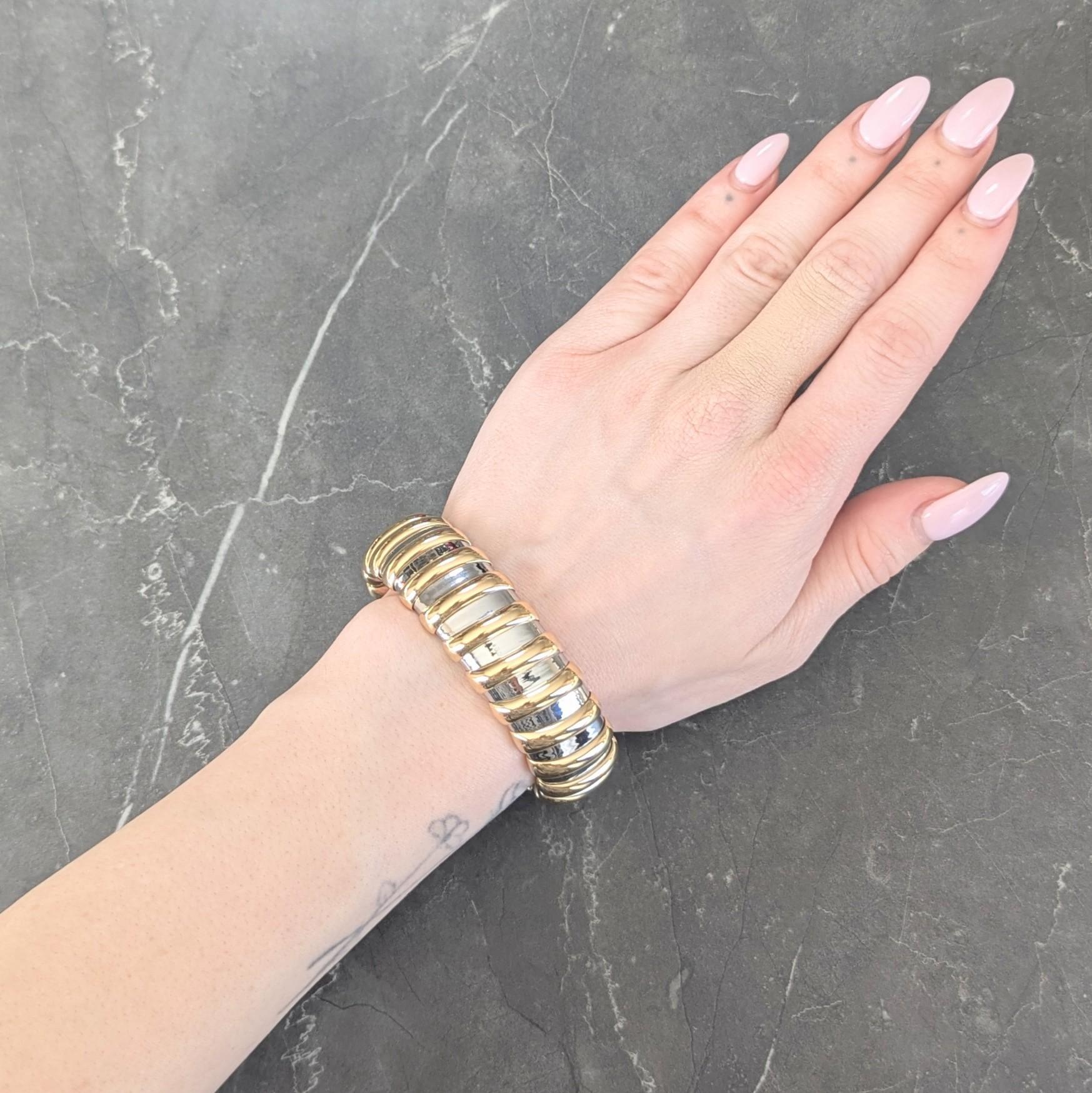 Bulgari 1990s 18 Karat Yellow Gold Stainless Steel Tubogas Vintage Cuff Bracelet