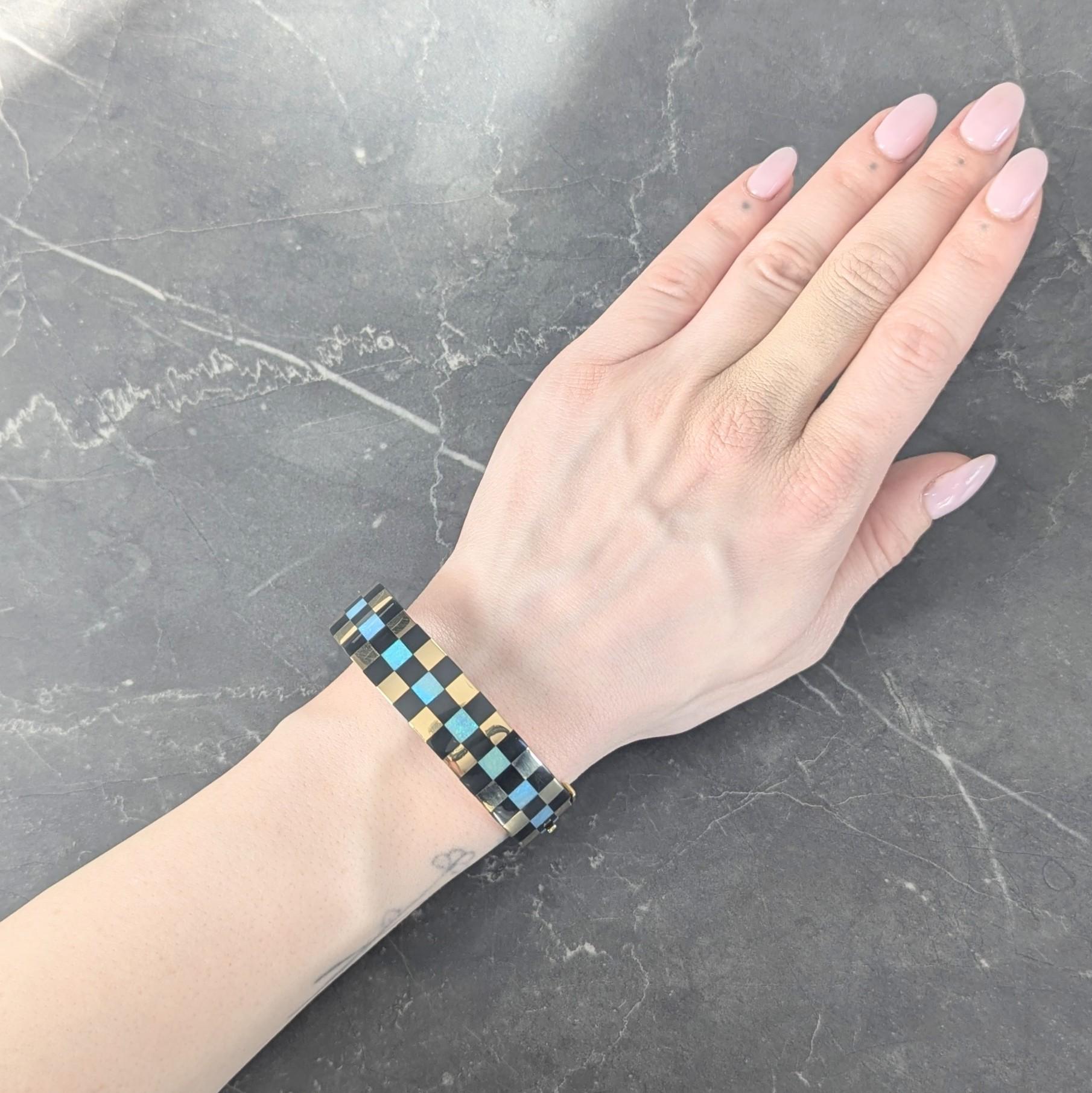 Tiffany & Co. 1980's Opal Inlay 18K Gold Vintage Checkerboard Bangle Bracelet
