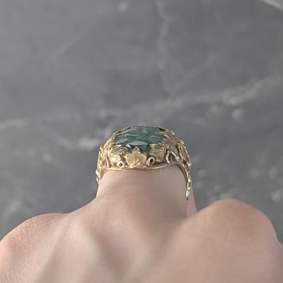 Arts & Crafts Jade 14 Karat Yellow Gold Antique Ivy Fruit Flower Signet Ring